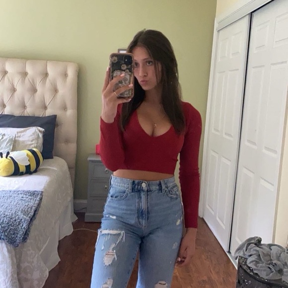 Garage Tops - Garage Red Fitted Long Sleeve Crop Blouse